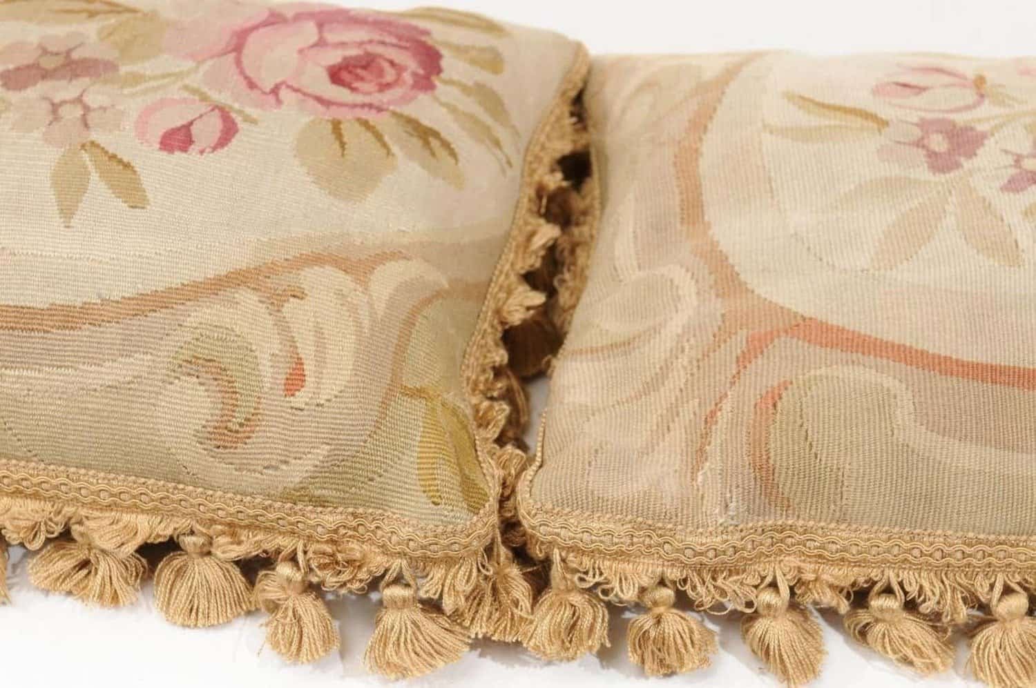 French 19th Century Aubusson Woven Tapestry Pillow with Roses and Tassels - JAA