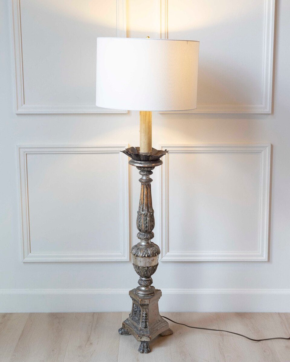 Antique Carved Silver Plated Wood Candlestick 18th Century Italy - JAA