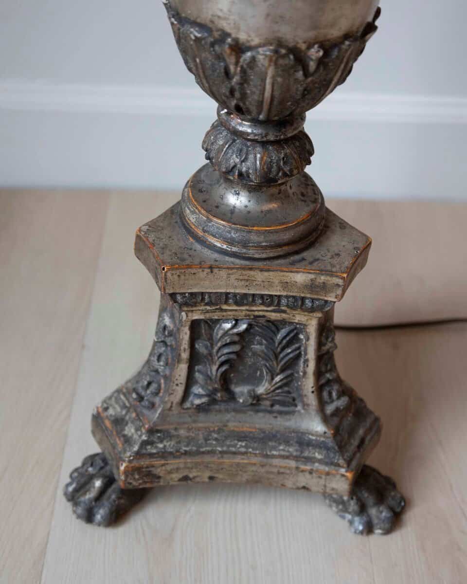 Antique Carved Silver Plated Wood Candlestick 18th Century Italy - JAA