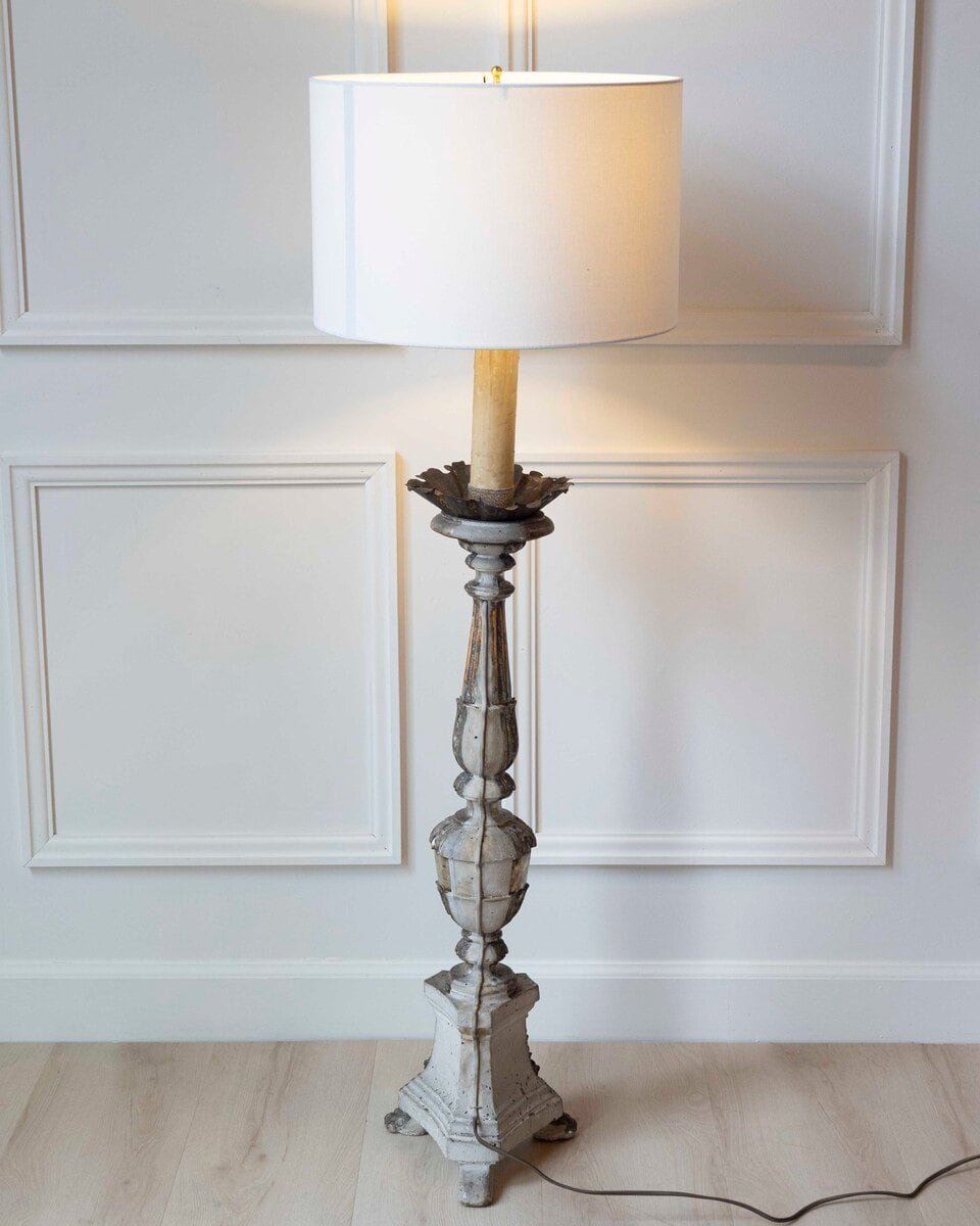 Antique Carved Silver Plated Wood Candlestick 18th Century Italy - JAA