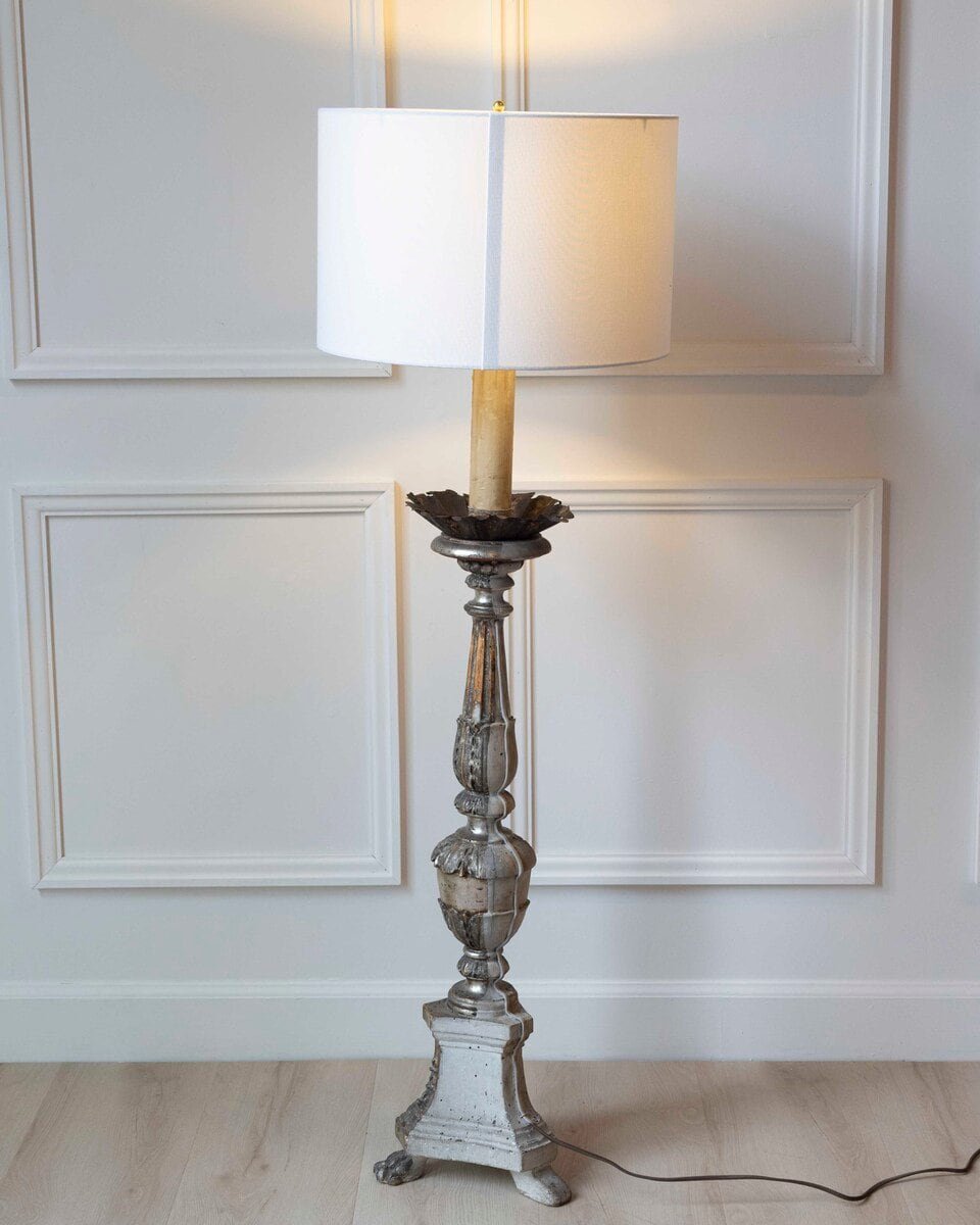 Antique Carved Silver Plated Wood Candlestick 18th Century Italy - JAA