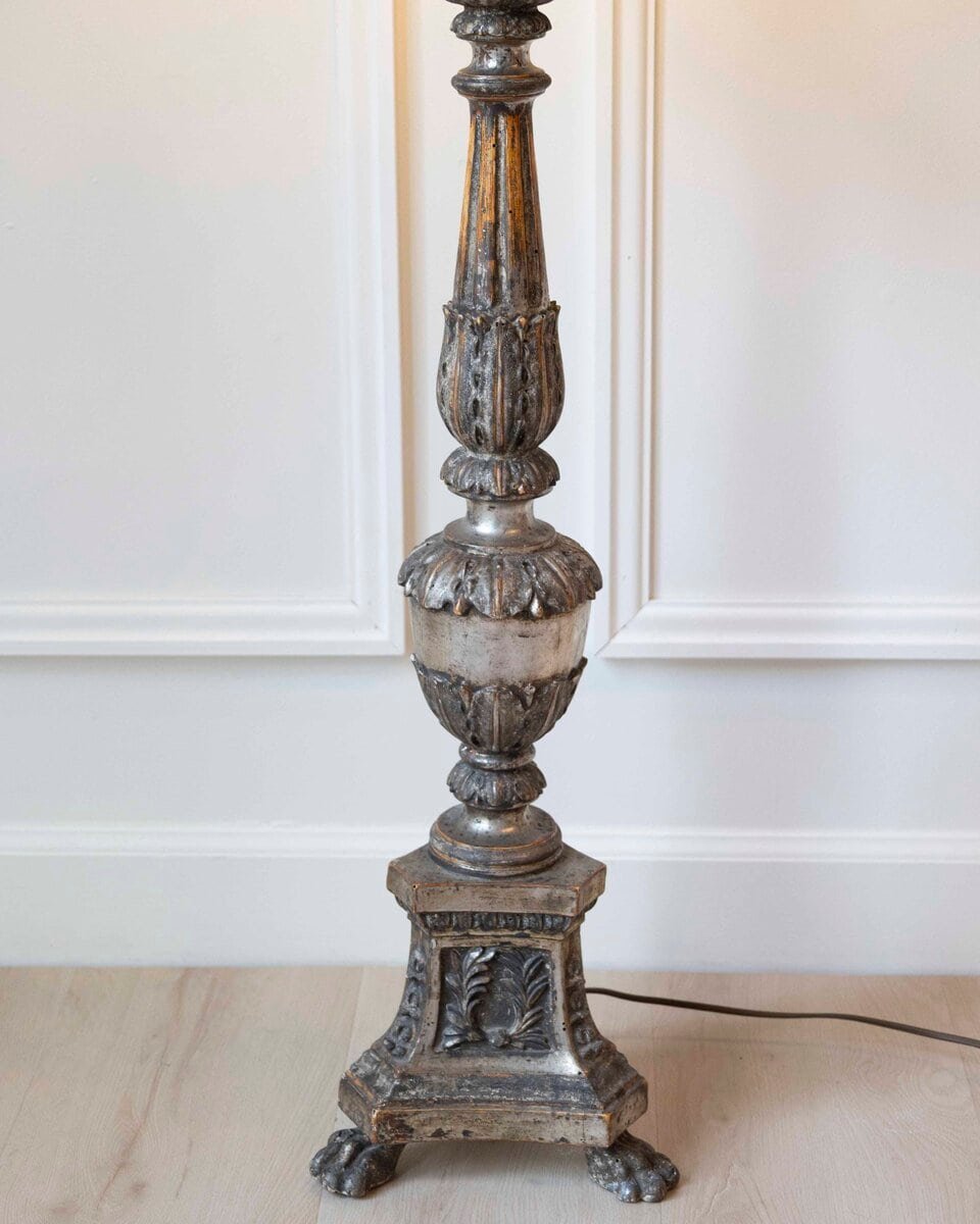 Antique Carved Silver Plated Wood Candlestick 18th Century Italy - JAA