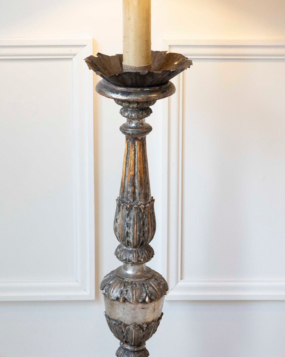 Antique Carved Silver Plated Wood Candlestick 18th Century Italy - JAA