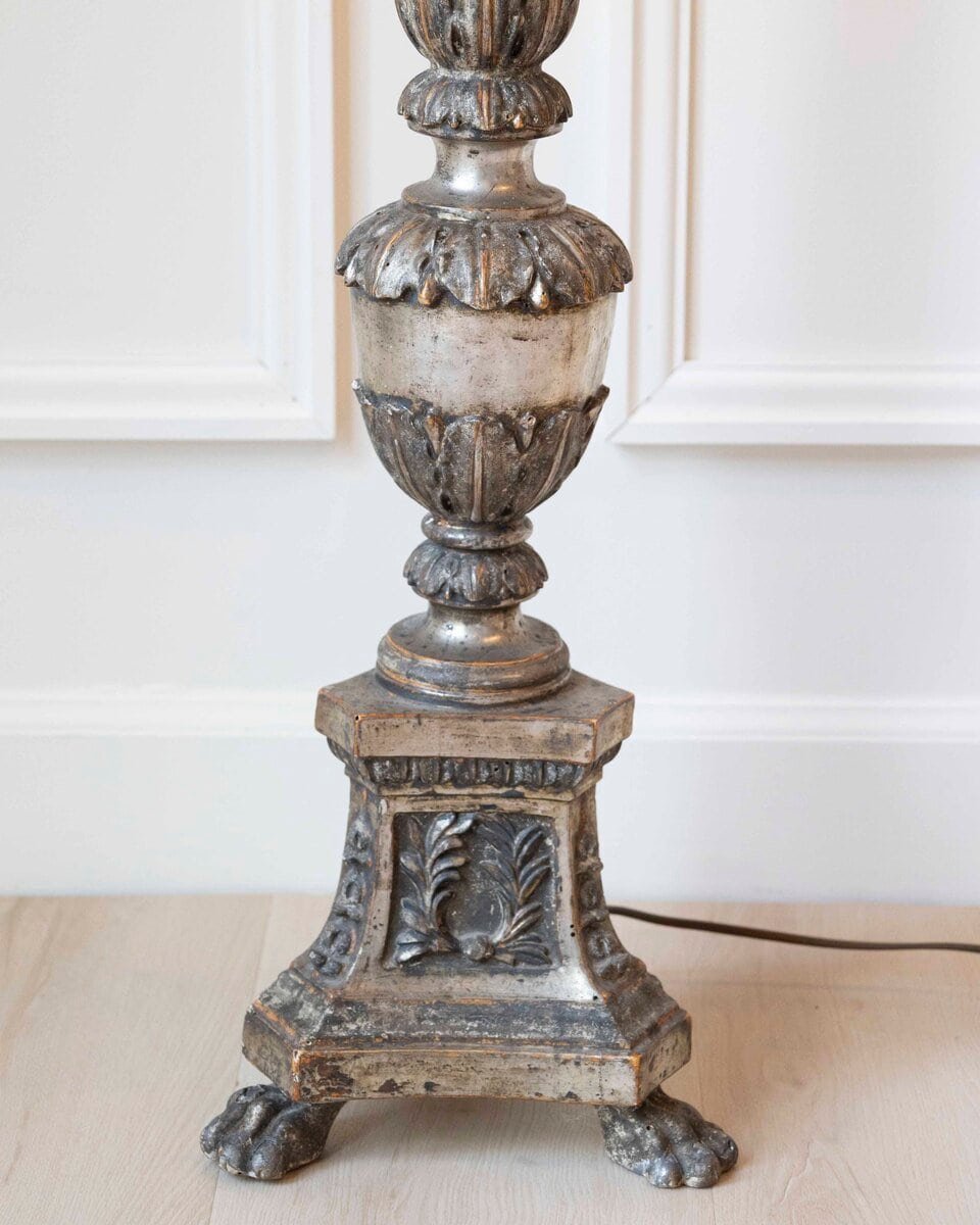 Antique Carved Silver Plated Wood Candlestick 18th Century Italy - JAA