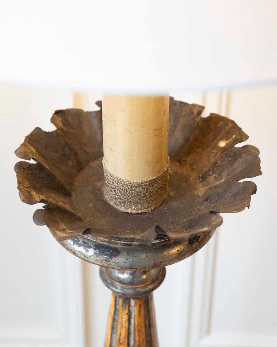 Antique Carved Silver Plated Wood Candlestick 18th Century Italy - JAA