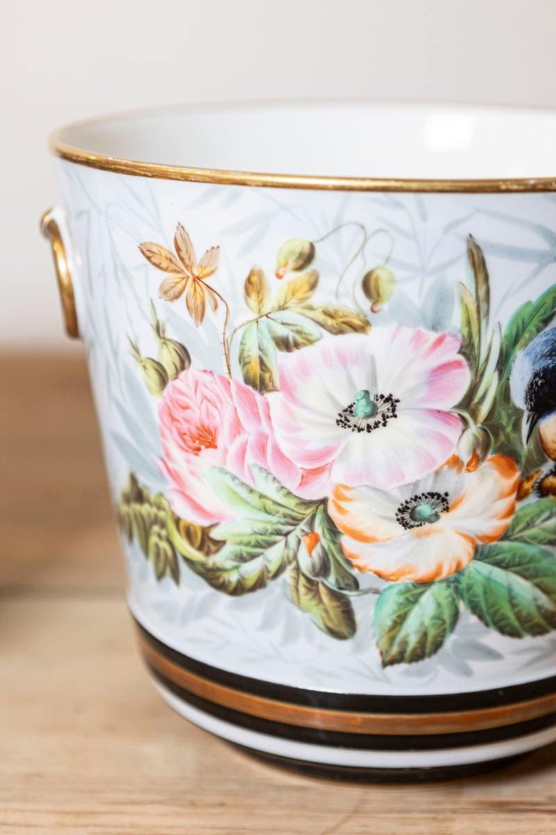 French 19th Century Pair of Paris Porcelain Cachepots Planters with Bird Motifs - JAA