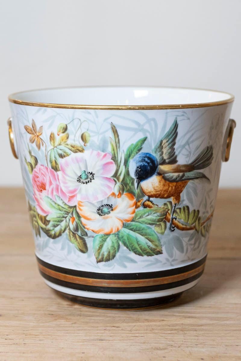 French 19th Century Pair of Paris Porcelain Cachepots Planters with Bird Motifs - JAA