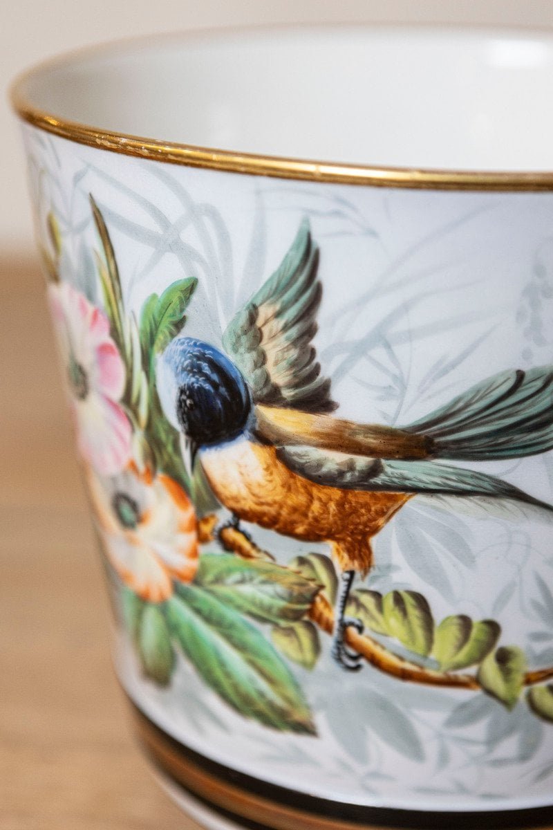 French 19th Century Pair of Paris Porcelain Cachepots Planters with Bird Motifs - JAA