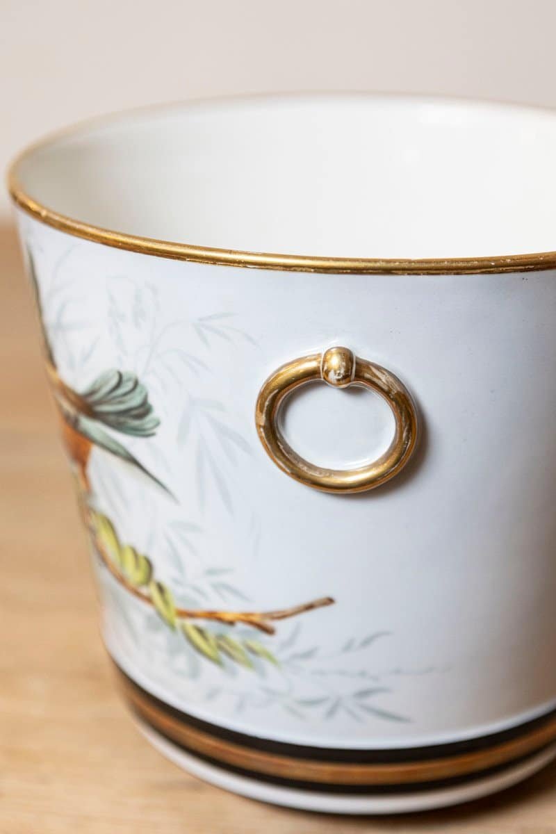 French 19th Century Pair of Paris Porcelain Cachepots Planters with Bird Motifs - JAA