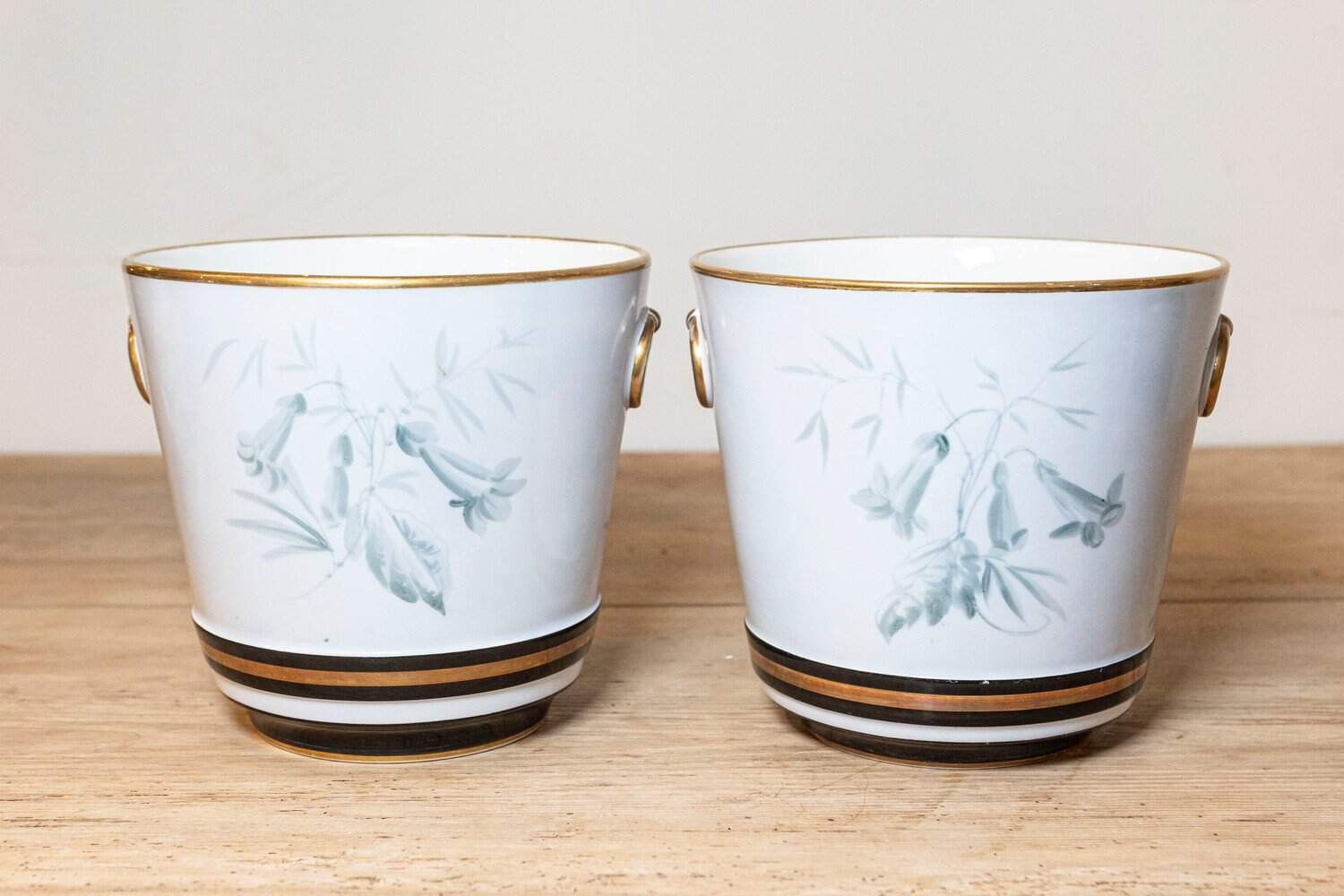 French 19th Century Pair of Paris Porcelain Cachepots Planters with Bird Motifs - JAA