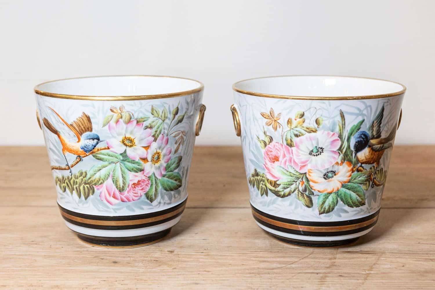 French 19th Century Pair of Paris Porcelain Cachepots Planters with Bird Motifs - JAA
