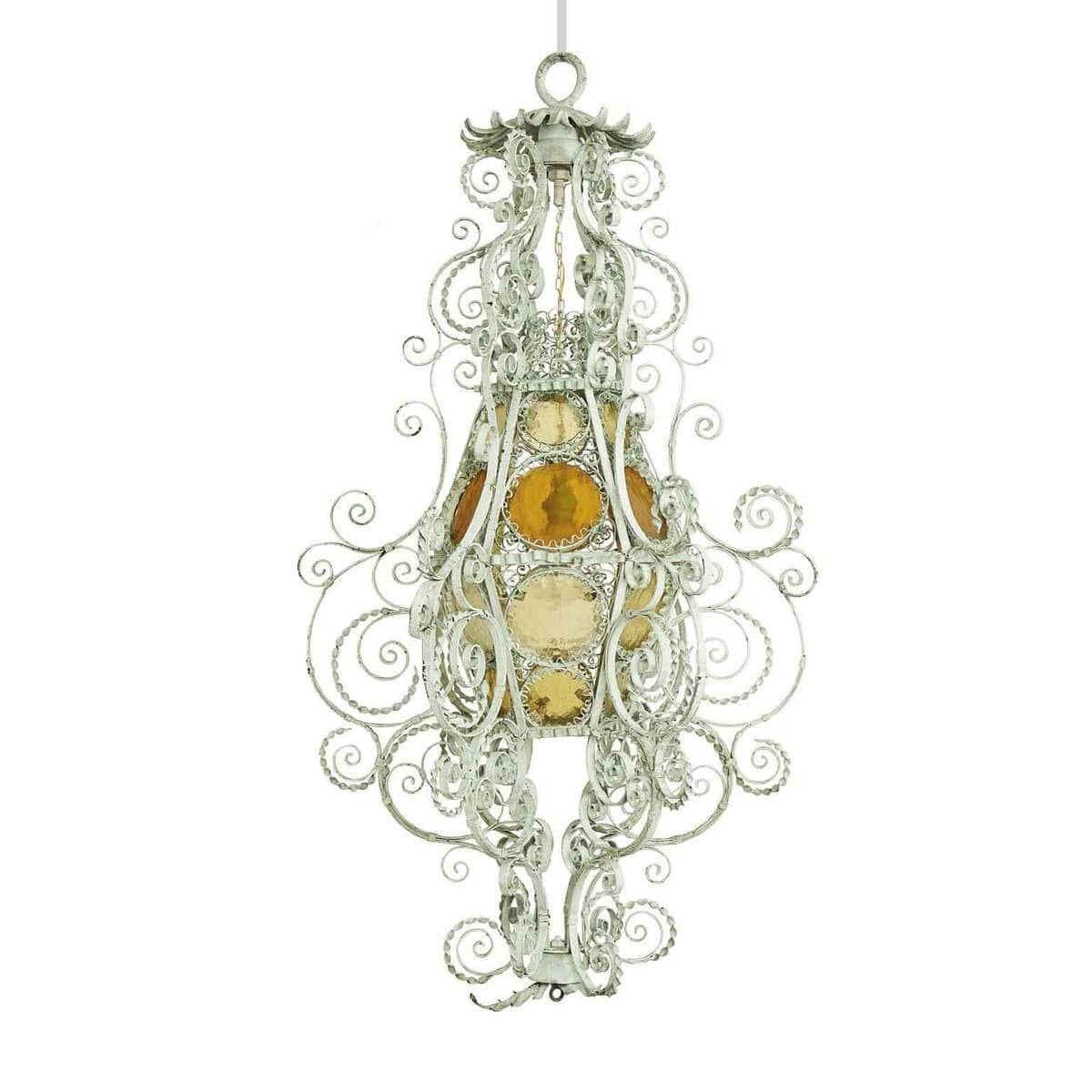Early 1900s Italian Wrought Iron Lantern Light Green Finish Amber Glasses - JAA