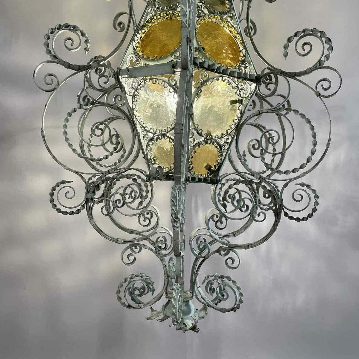 Early 1900s Italian Wrought Iron Lantern Light Green Finish Amber Glasses - JAA