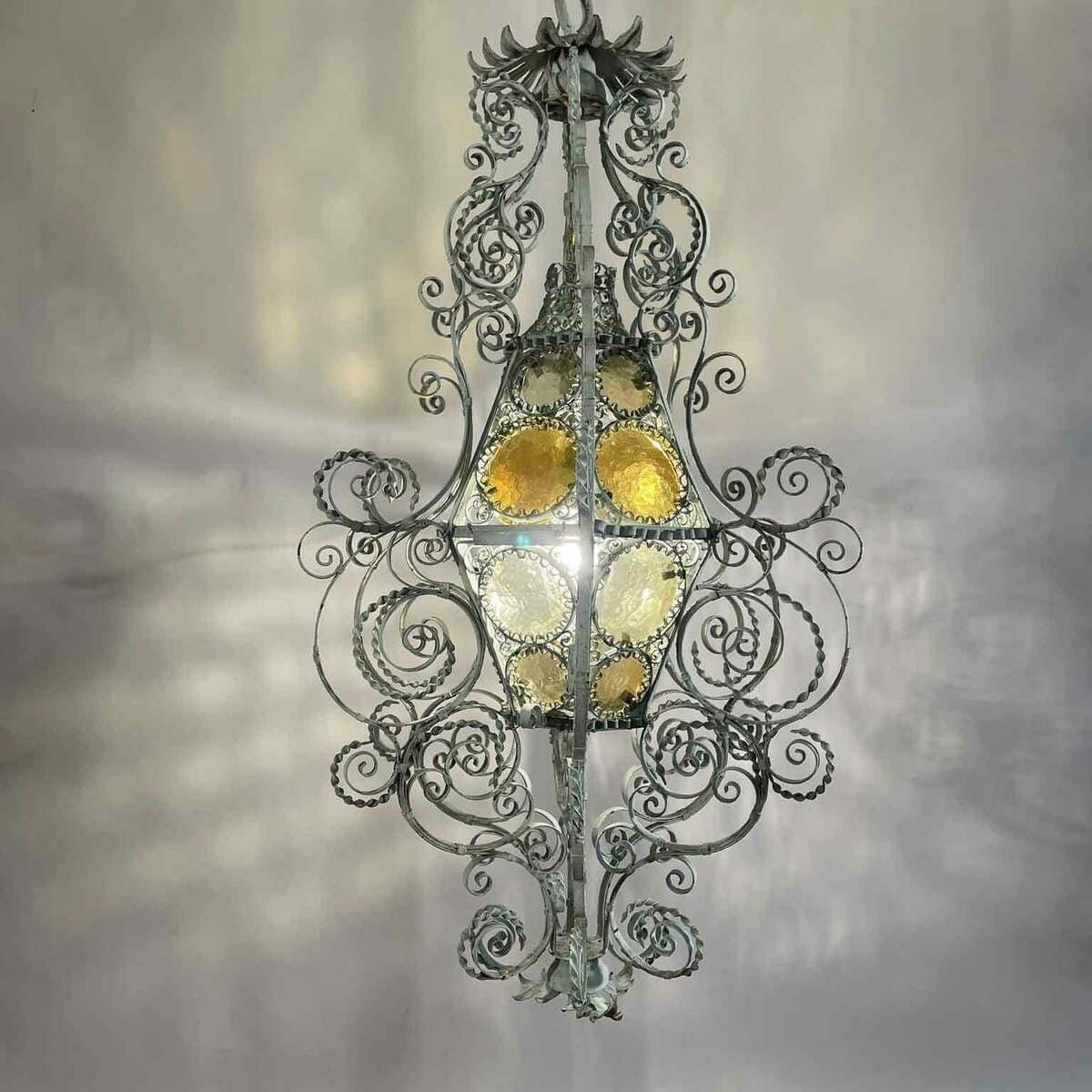 Early 1900s Italian Wrought Iron Lantern Light Green Finish Amber Glasses - JAA