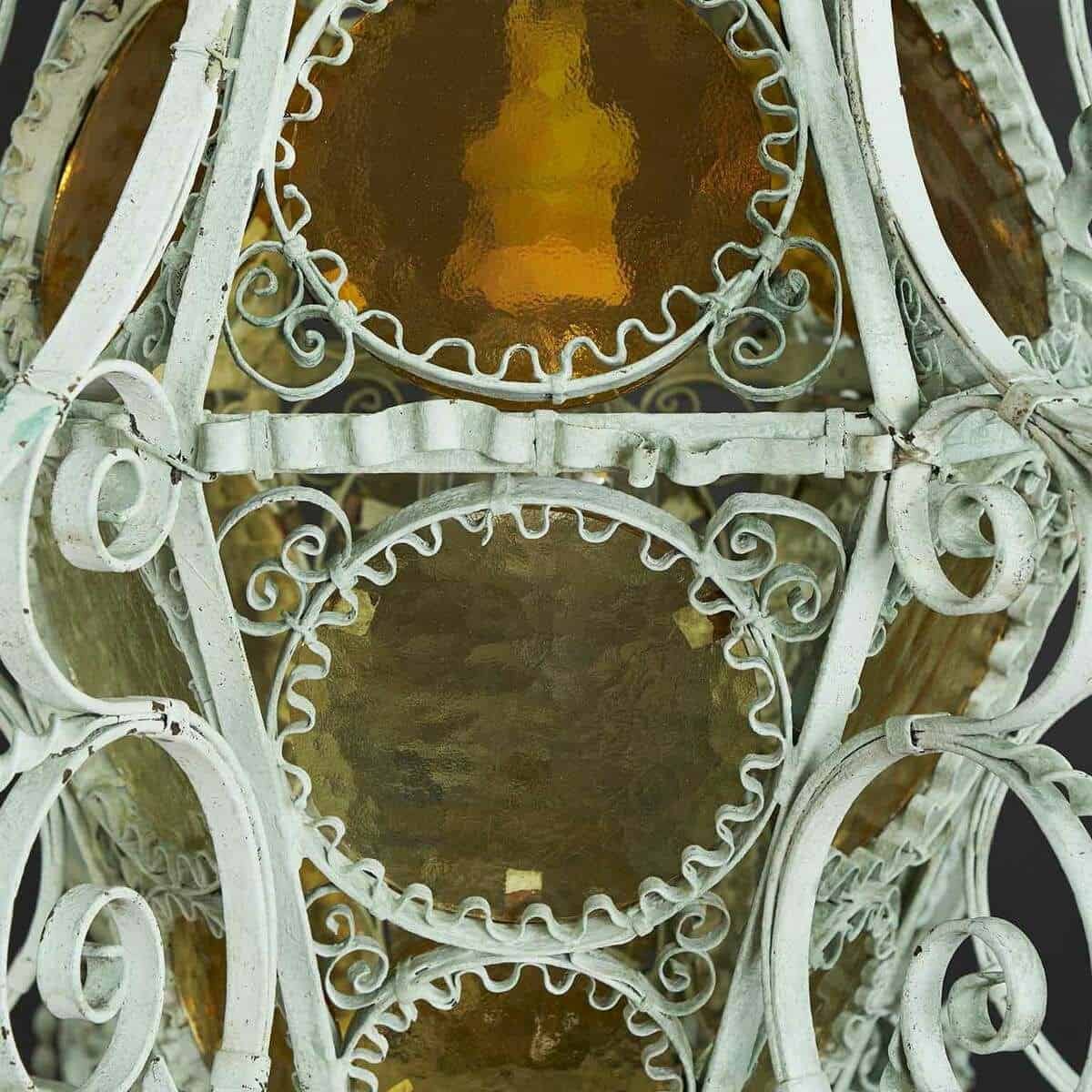 Early 1900s Italian Wrought Iron Lantern Light Green Finish Amber Glasses - JAA