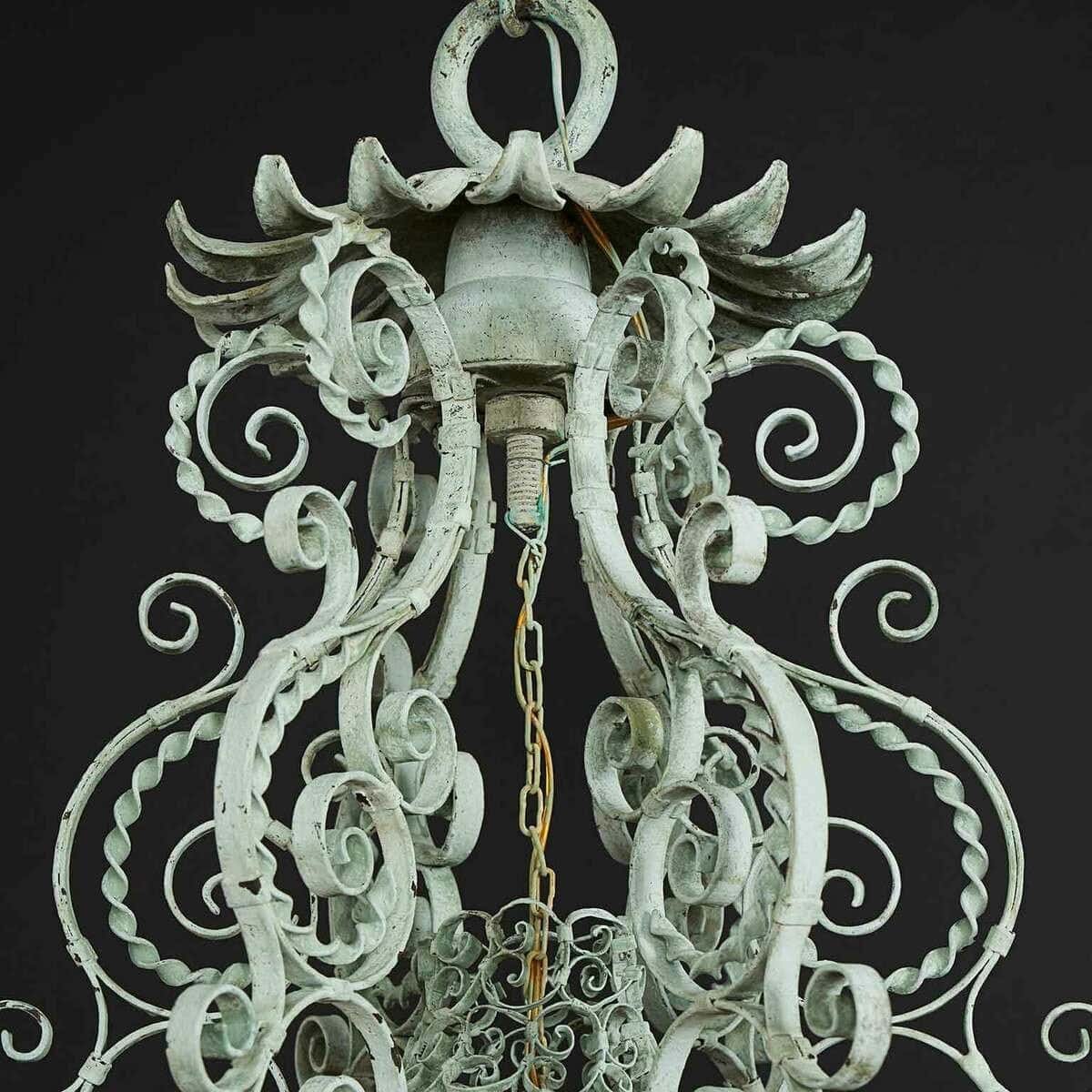 Early 1900s Italian Wrought Iron Lantern Light Green Finish Amber Glasses - JAA