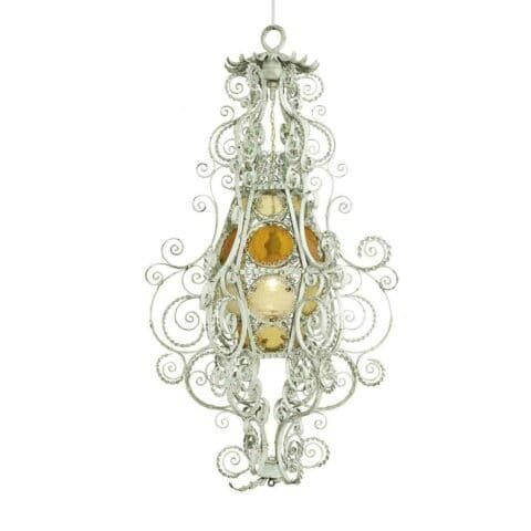 Early 1900s Italian Wrought Iron Lantern Light Green Finish Amber Glasses