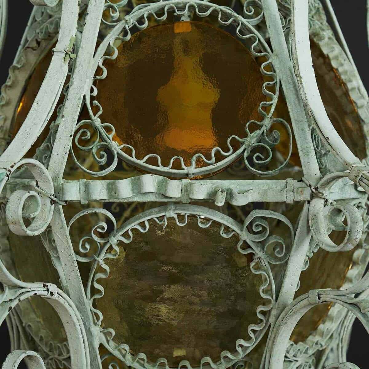 Early 1900s Italian Wrought Iron Lantern Light Green Finish Amber Glasses - JAA