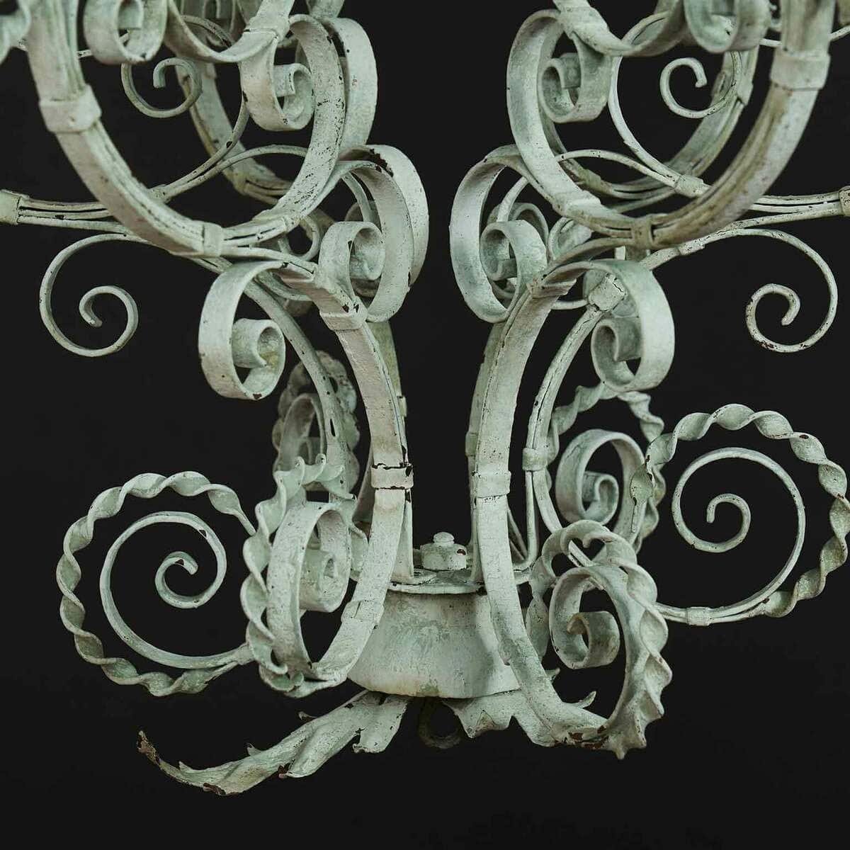 Early 1900s Italian Wrought Iron Lantern Light Green Finish Amber Glasses - JAA