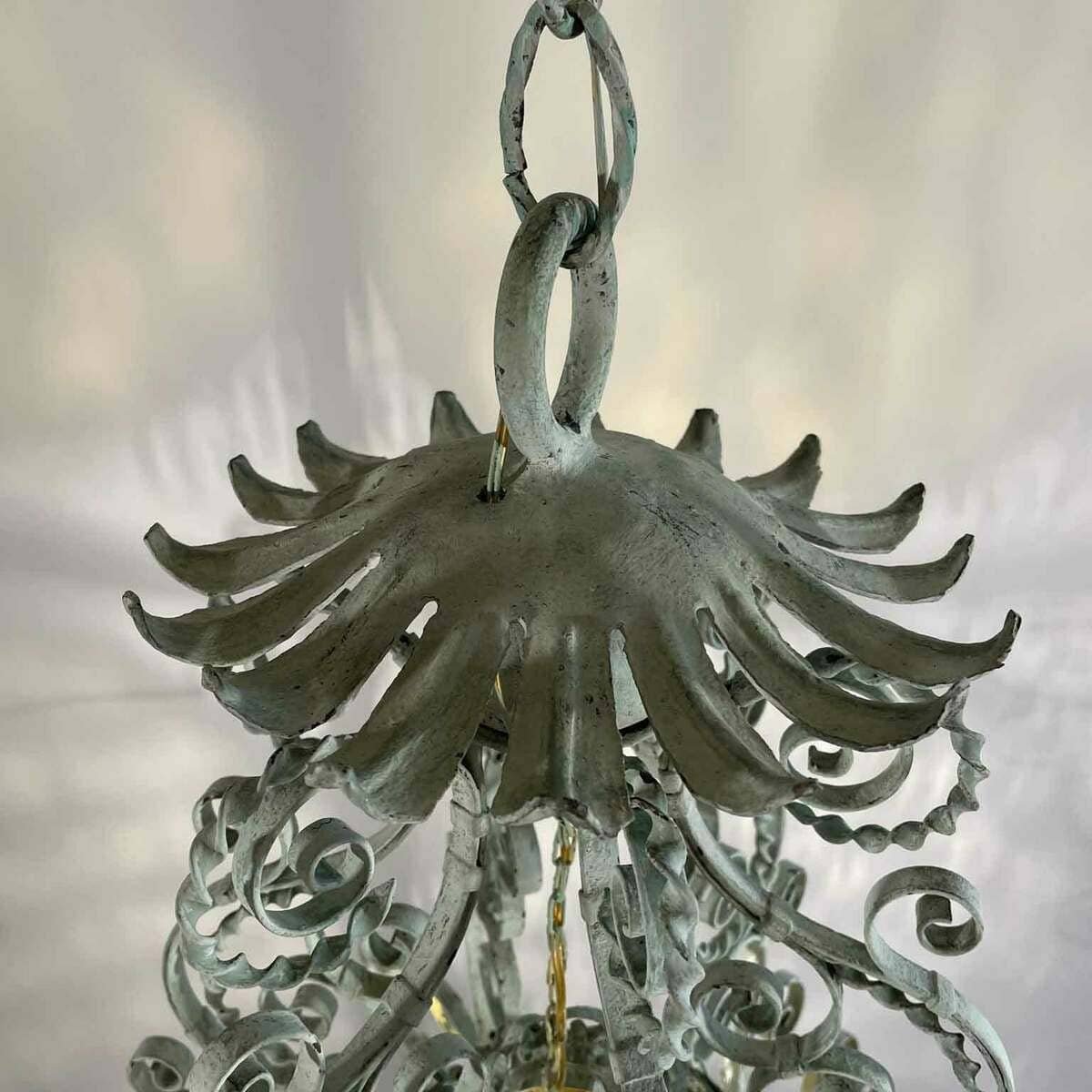 Early 1900s Italian Wrought Iron Lantern Light Green Finish Amber Glasses - JAA