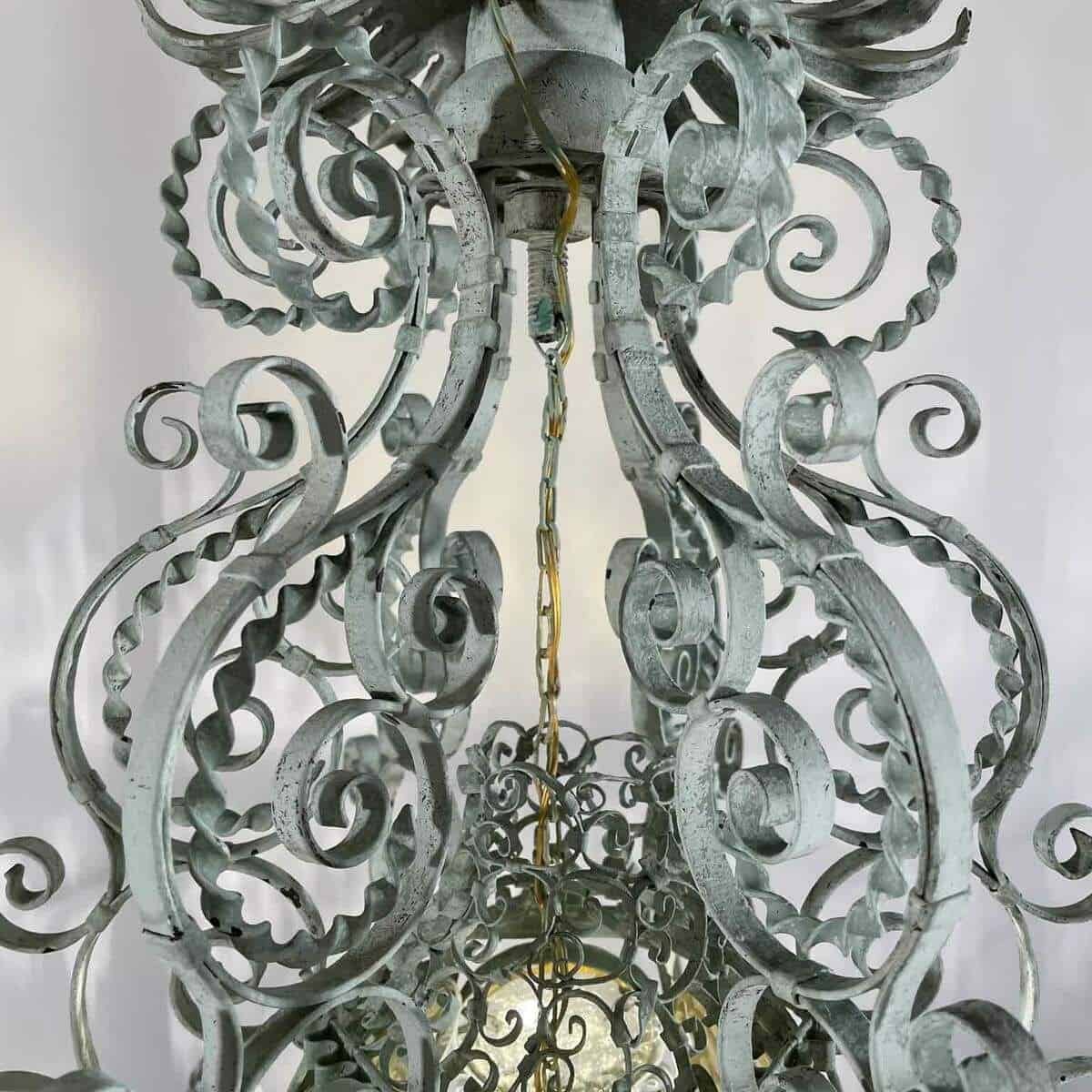 Early 1900s Italian Wrought Iron Lantern Light Green Finish Amber Glasses - JAA