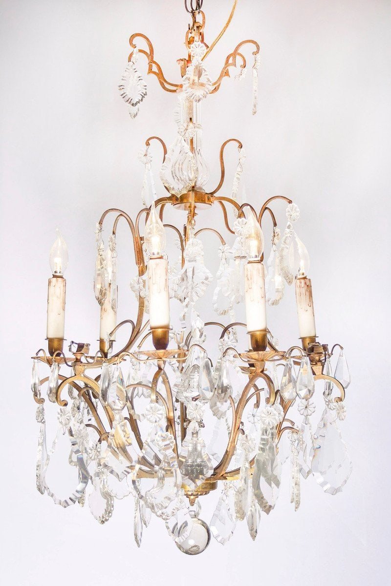 Italian Crystal and Bronze Six-Light Chandelier with Obelisk and Pendeloques - JAA