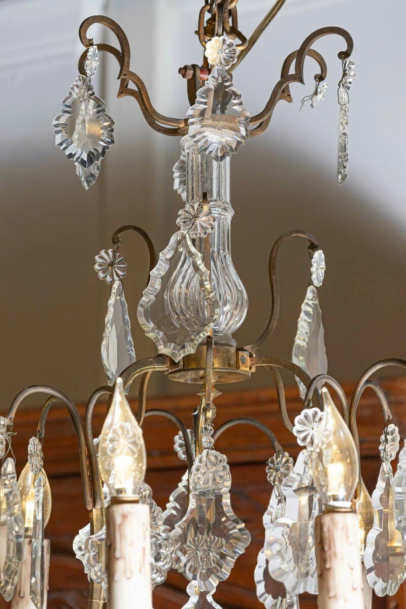Italian Crystal and Bronze Six-Light Chandelier with Obelisk and Pendeloques - JAA