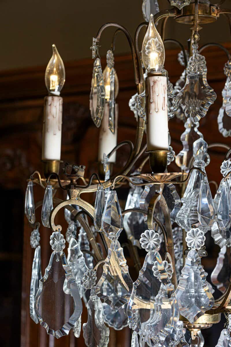Italian Crystal and Bronze Six-Light Chandelier with Obelisk and Pendeloques - JAA