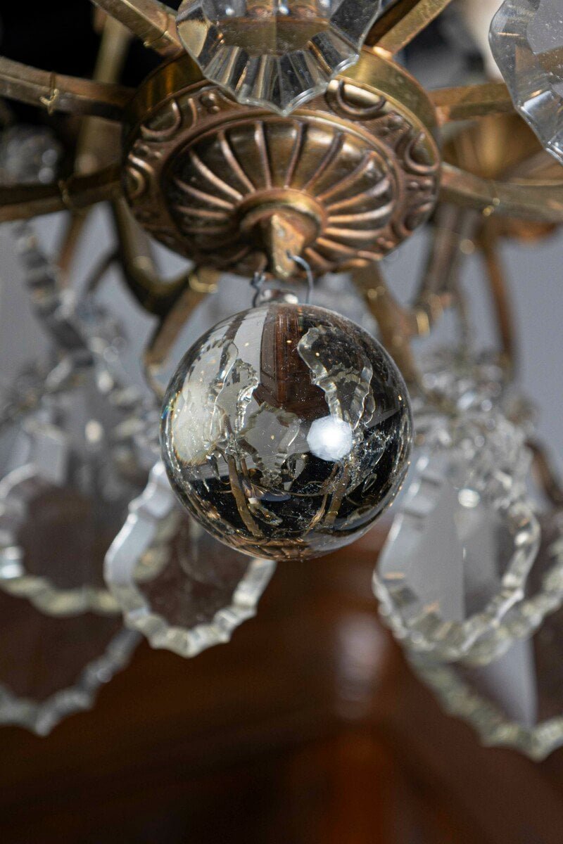 Italian Crystal and Bronze Six-Light Chandelier with Obelisk and Pendeloques - JAA