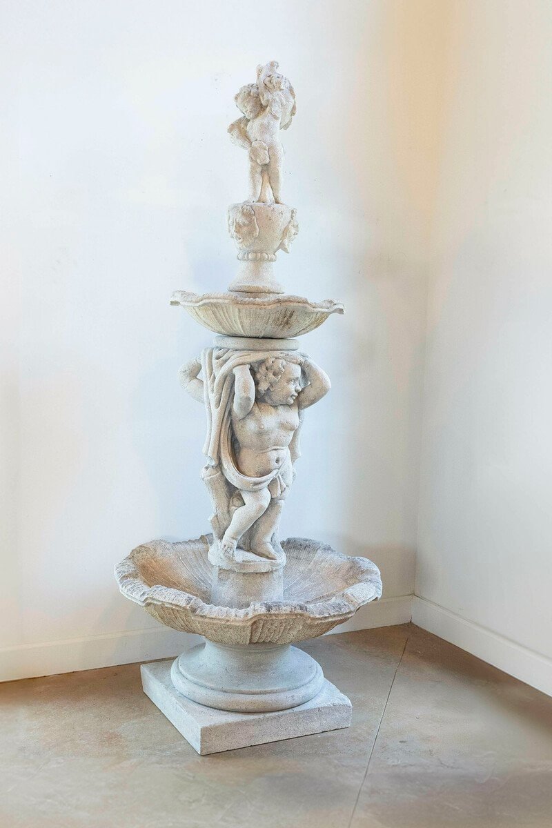 Italian 1850s Carved Stone Two-Tiered Garden Fountain with Putti Motifs - JAA