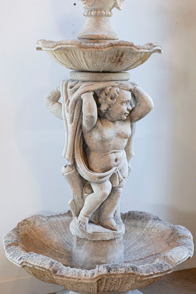 Italian 1850s Carved Stone Two-Tiered Garden Fountain with Putti Motifs - JAA