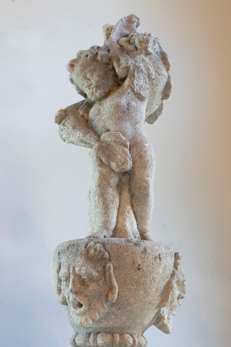 Italian 1850s Carved Stone Two-Tiered Garden Fountain with Putti Motifs - JAA