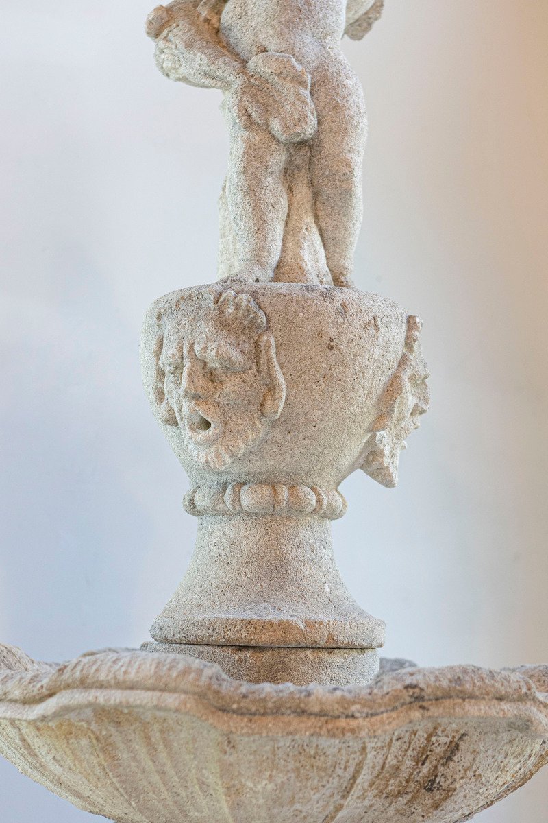 Italian 1850s Carved Stone Two-Tiered Garden Fountain with Putti Motifs - JAA