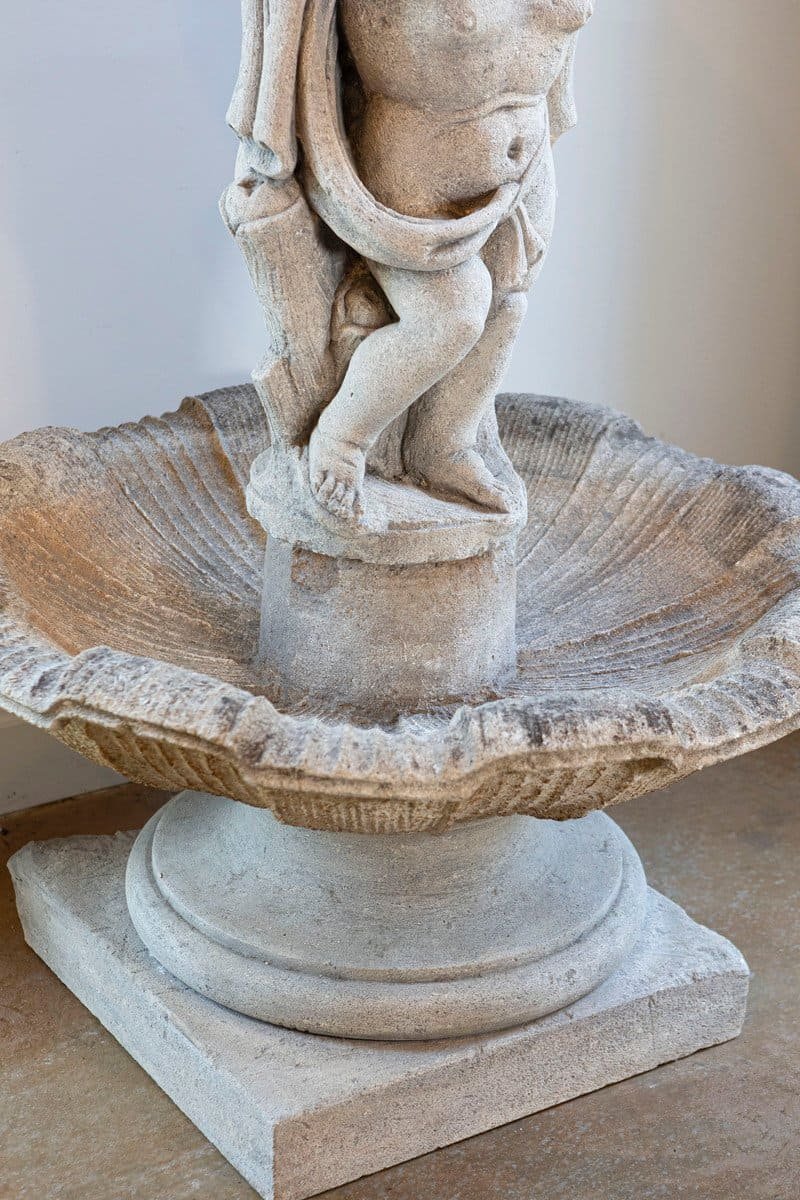 Italian 1850s Carved Stone Two-Tiered Garden Fountain with Putti Motifs - JAA
