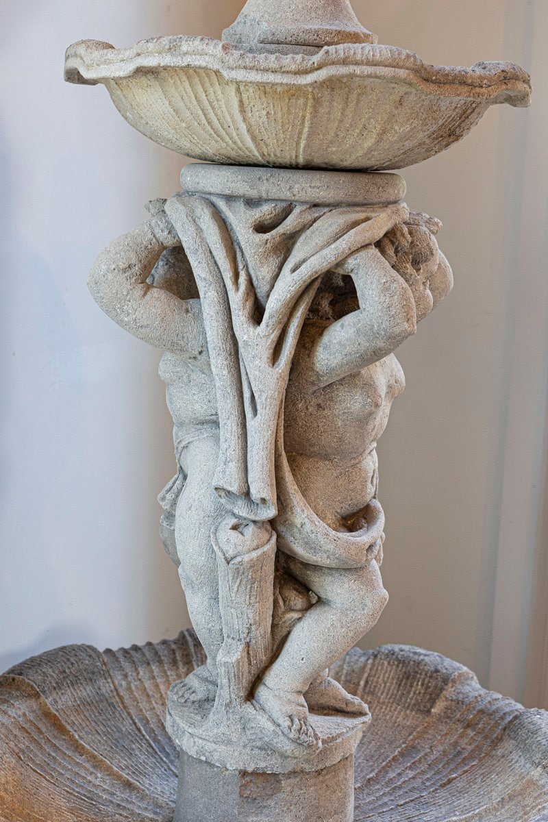 Italian 1850s Carved Stone Two-Tiered Garden Fountain with Putti Motifs - JAA