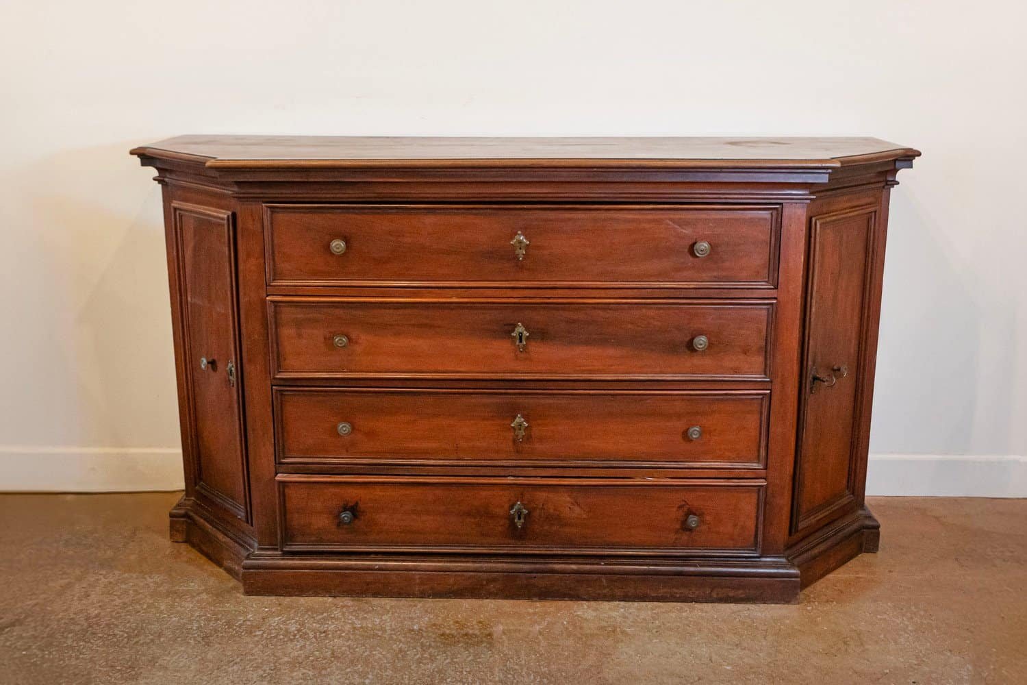 Italian 17th Century Walnut Dresser with Four Drawers and Canted Lateral Doors - PAIR AVAILABLE - JAA