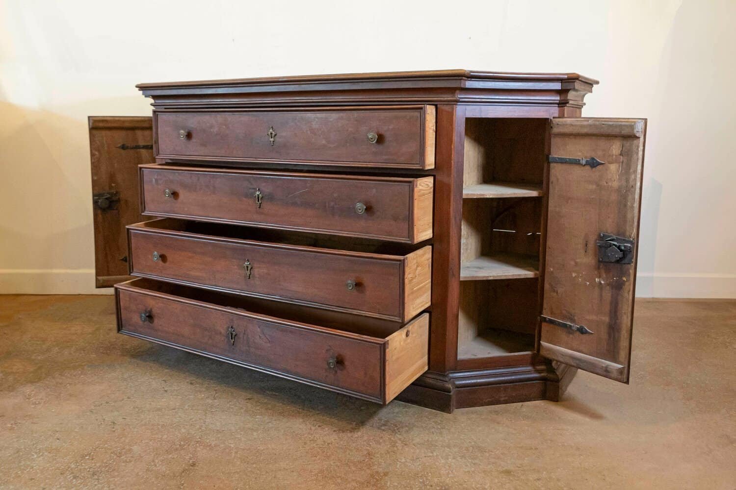 Italian 17th Century Walnut Dresser with Four Drawers and Canted Lateral Doors - PAIR AVAILABLE - JAA