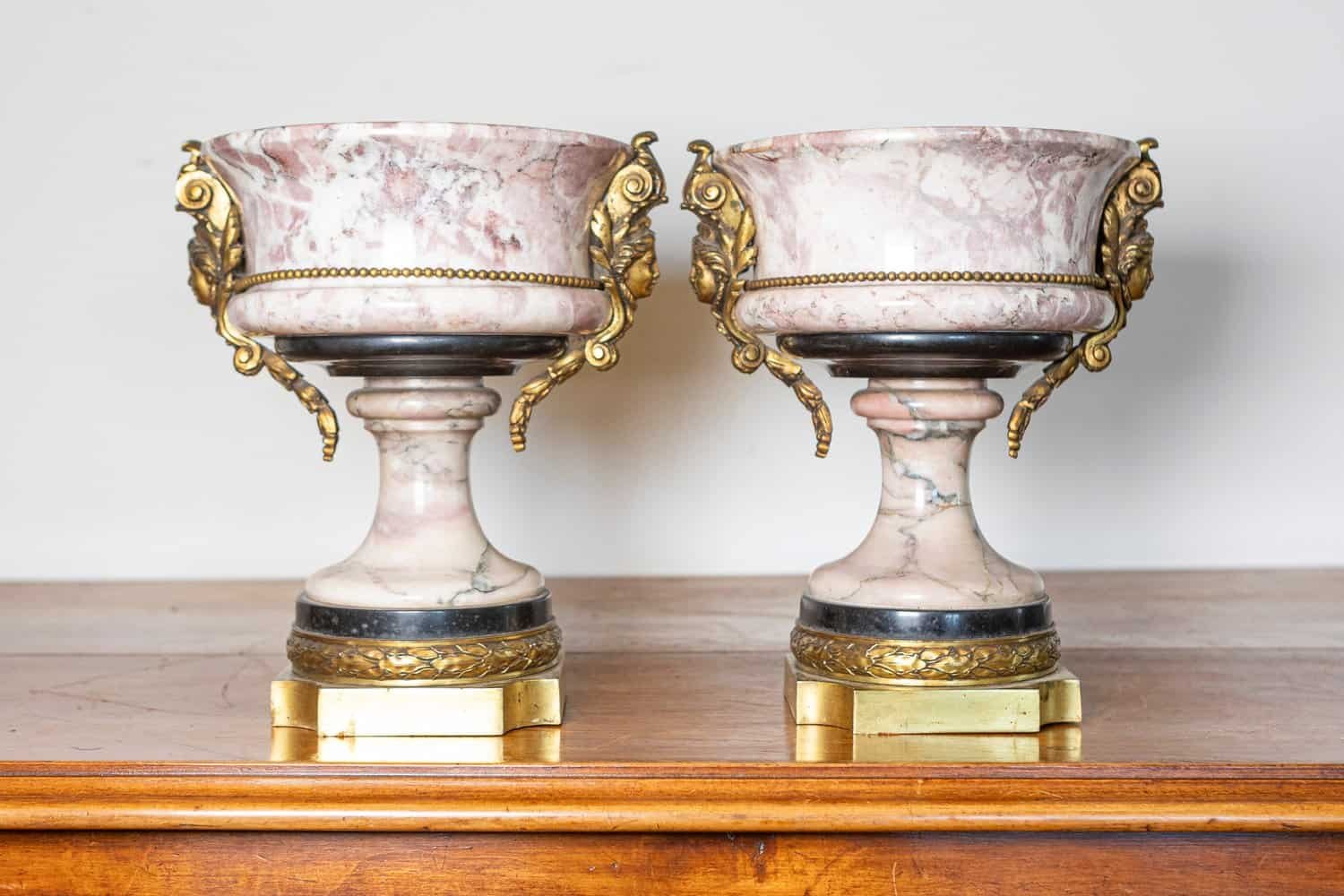 French 19th Century Neoclassical Pair of Marble and Gilt Bronze Urns - JAA