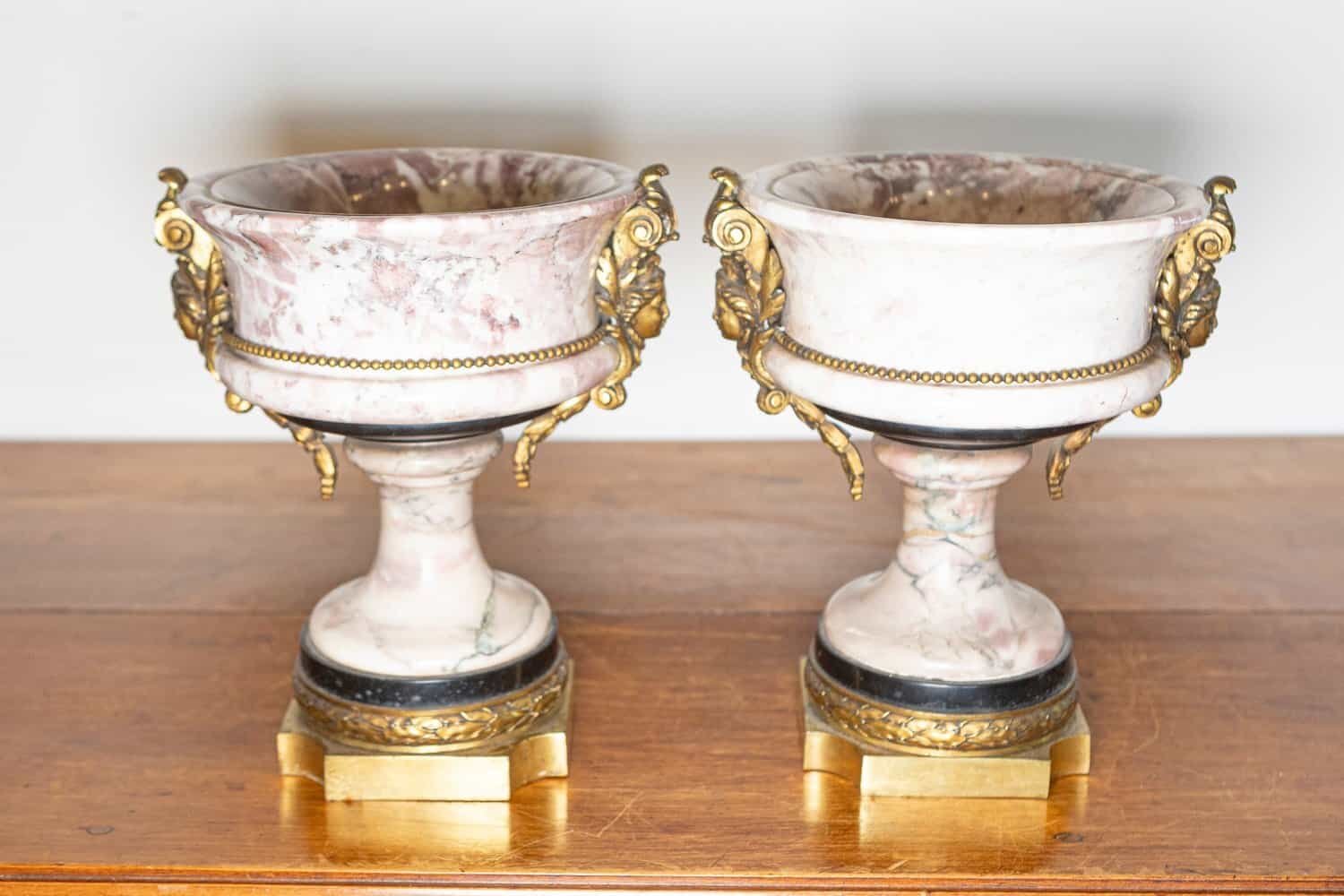 French 19th Century Neoclassical Pair of Marble and Gilt Bronze Urns - JAA
