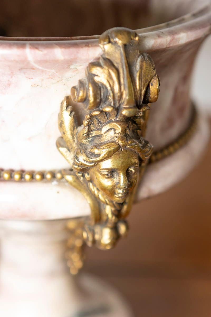 French 19th Century Neoclassical Pair of Marble and Gilt Bronze Urns - JAA
