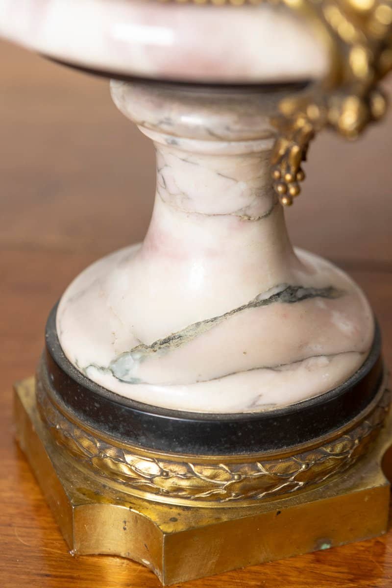 French 19th Century Neoclassical Pair of Marble and Gilt Bronze Urns - JAA