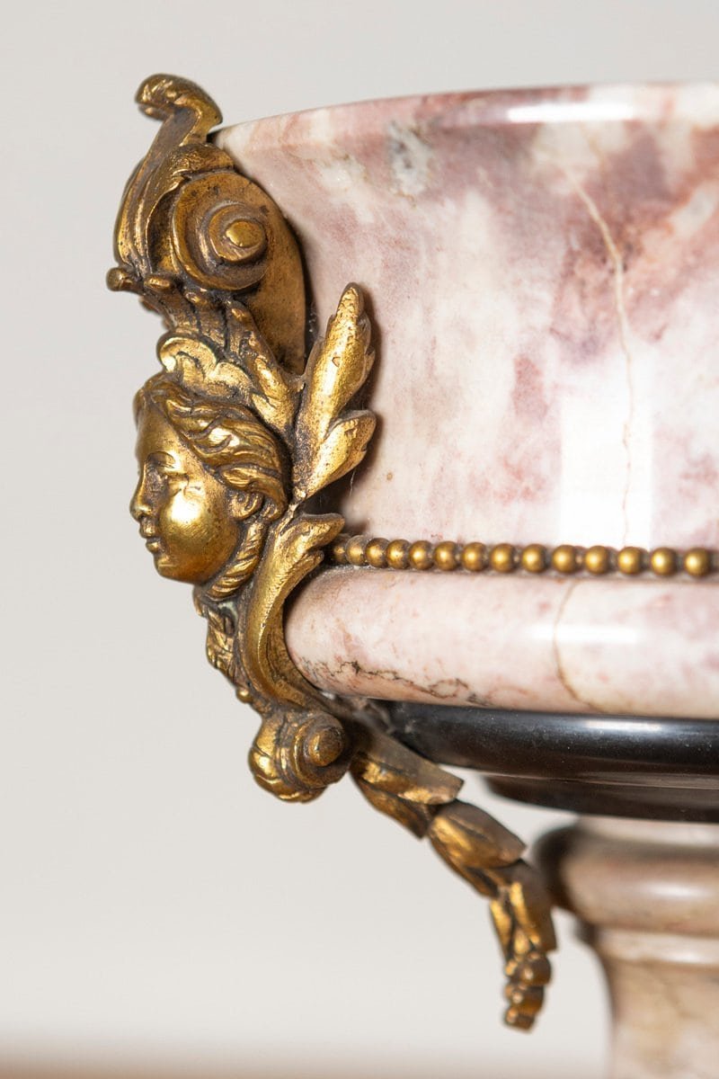 French 19th Century Neoclassical Pair of Marble and Gilt Bronze Urns - JAA