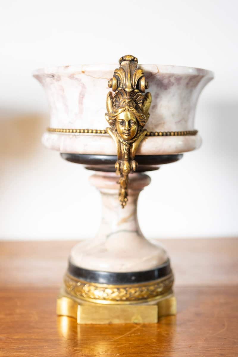 French 19th Century Neoclassical Pair of Marble and Gilt Bronze Urns - JAA