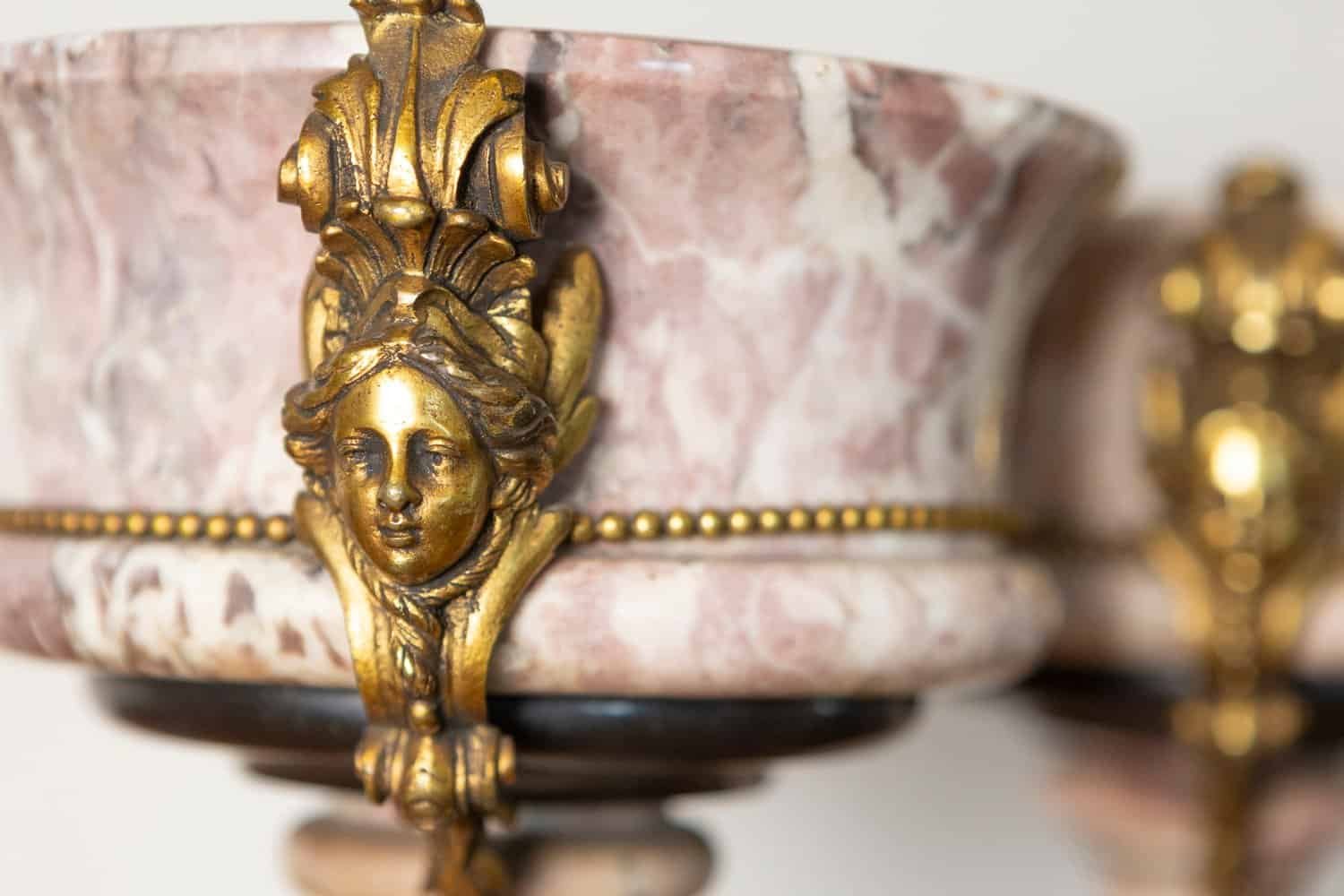 French 19th Century Neoclassical Pair of Marble and Gilt Bronze Urns - JAA