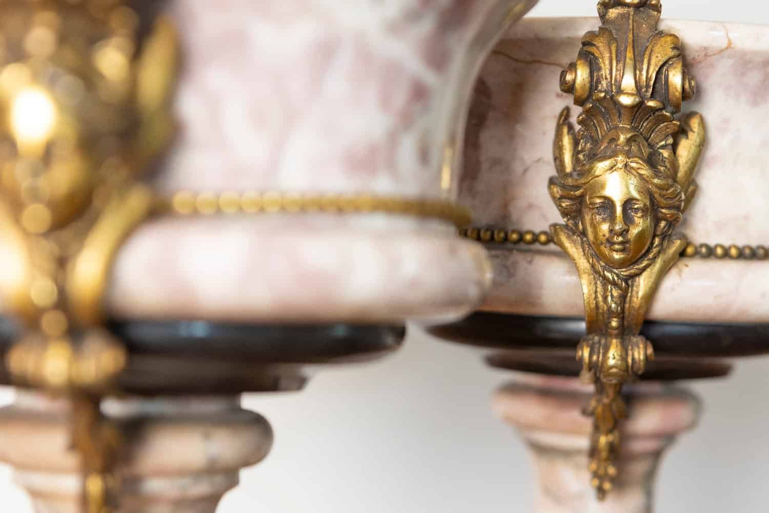 French 19th Century Neoclassical Pair of Marble and Gilt Bronze Urns - JAA