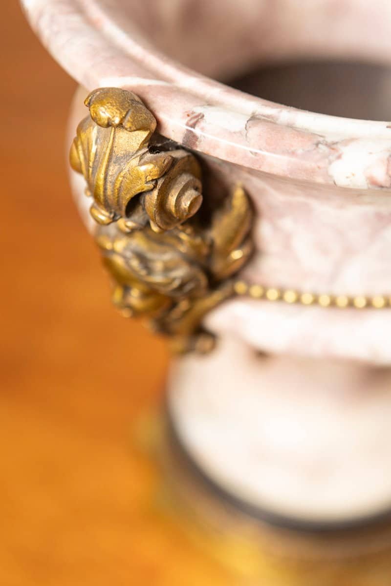 French 19th Century Neoclassical Pair of Marble and Gilt Bronze Urns - JAA