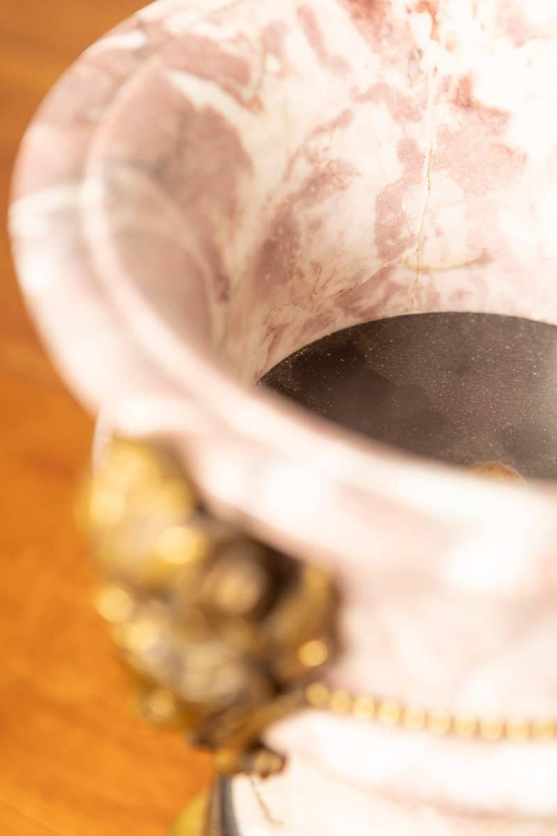 French 19th Century Neoclassical Pair of Marble and Gilt Bronze Urns - JAA