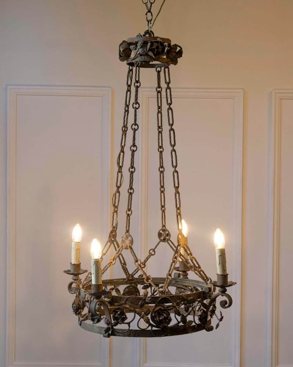 French 19th Century Four-Light Iron Ring Chandelier with Flowers and Vines - JAA