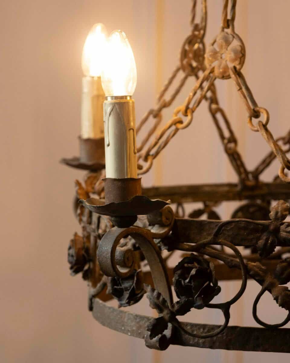 French 19th Century Four-Light Iron Ring Chandelier with Flowers and Vines - JAA