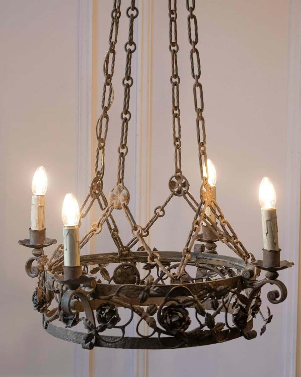 French 19th Century Four-Light Iron Ring Chandelier with Flowers and Vines - JAA